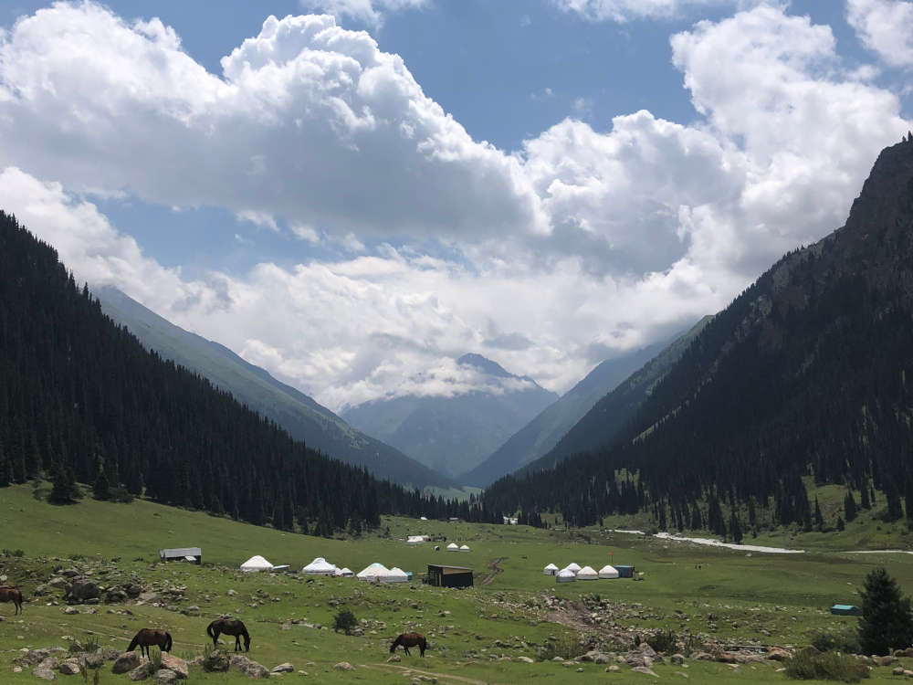 Photo of the valley with horses and yurts in the foreground